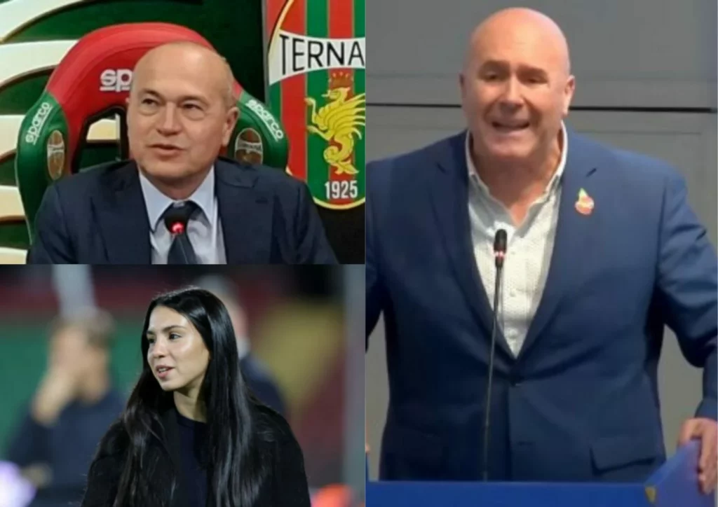 A sinistra gli esponenti della famiglia Rizzo, a destra il sindaco di Terni, Stefano Bandecchi