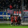 L'esultanza dei rossoblù dopo il gol di Giuseppe Mastinu contro il Guidonia Montecelio